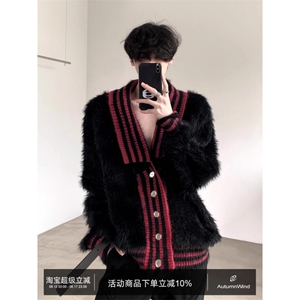 秋山/风格气氛彷貂皮V领毛衣开衫男士冬季小众红色针织宽松夹克图片
