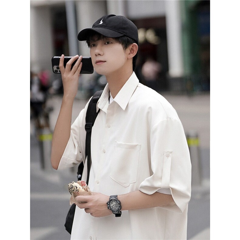 wassuphappy翻领白色短袖衬衫男夏季潮牌宽松半袖上衣服休闲外套,男装衬衫,星座218-1（原230）