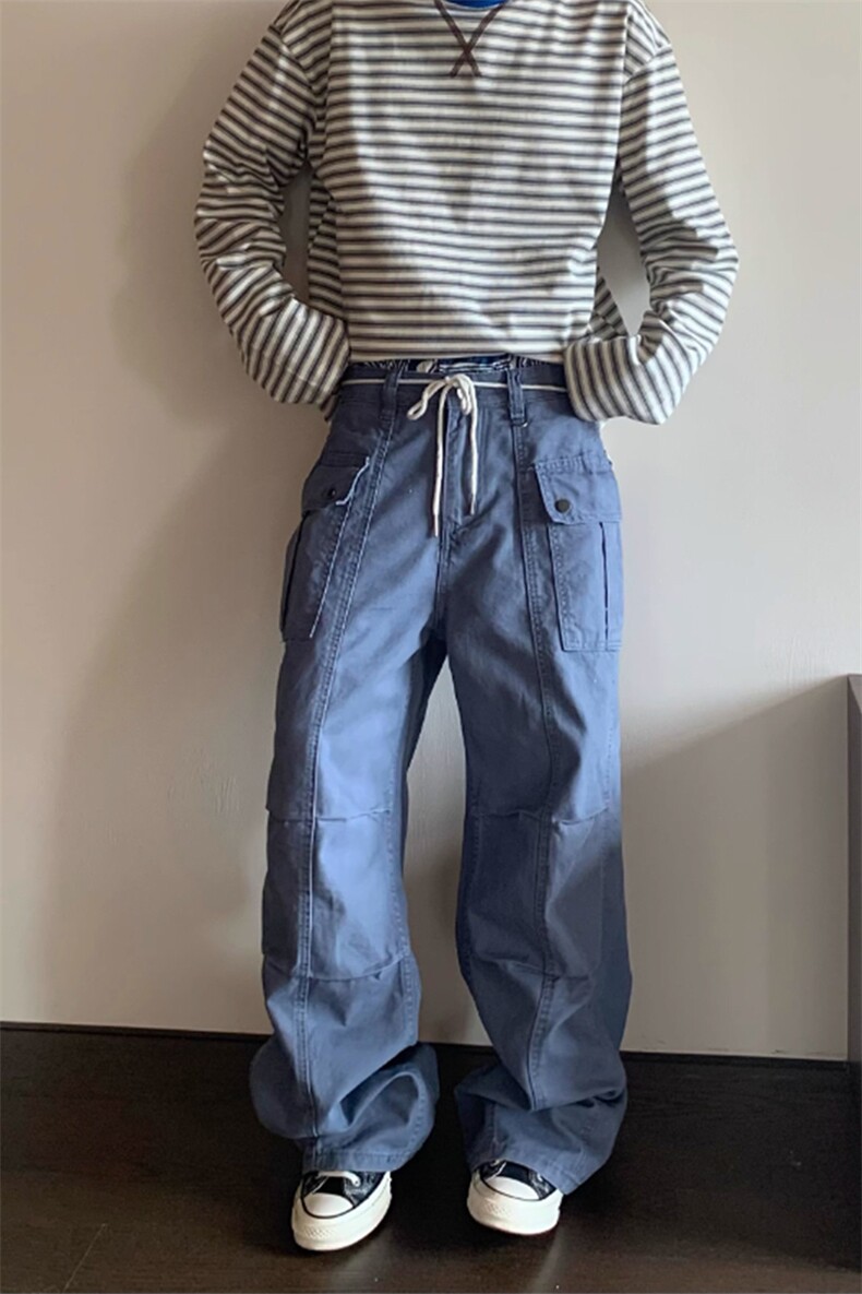 法工蓝双膝褶皱硬挺版型伞兵工装裤休闲裤子KZ1342特P59,男装工装外套,星座908-1