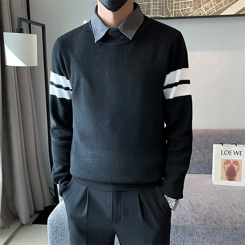 假两件毛衣男潮衬衫领内搭打底衫秋冬季男士修身翻领针织衫S583,男装针织衫/毛衣,星座1116A-2（原606A-1）