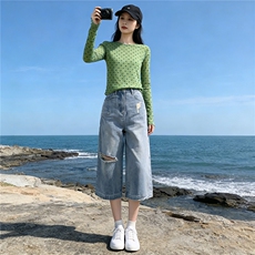 个性时尚套装女夏季新款圆领波点网纱长袖宽松破洞牛仔中裤两件套，女装套装/套裙，江南