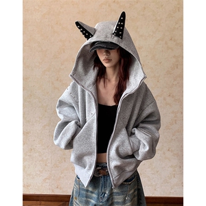 抖音得物高品质 26春装美式高街铆钉杜宾犬耳朵开衫卫衣外套W125图片