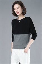 2021年春季通勤韩版圆领拼色长袖T恤女打底经典厚款上衣，女装T恤，伊满意