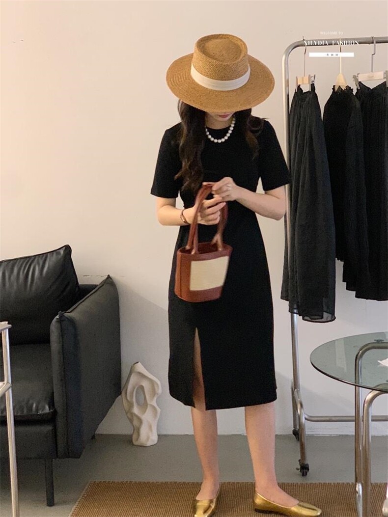 香丽迪2022年夏季新款拼接连衣裙女针织短袖圆领修身高腰,女装连衣裙,香丽迪1