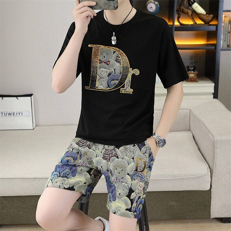 23671-P70欧货夏季男士套装休闲印花圆领运动套装潮牌短袖短裤,男装牛仔裤,电商D310B-1