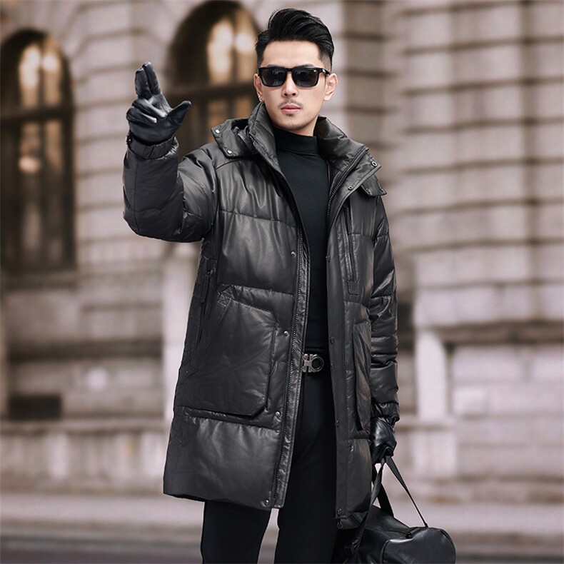 冬季新款真皮羽绒服男头层小牛皮大衣宽松版加厚保暖外套大码连帽，男装羽绒服，电商B360A（原721A）