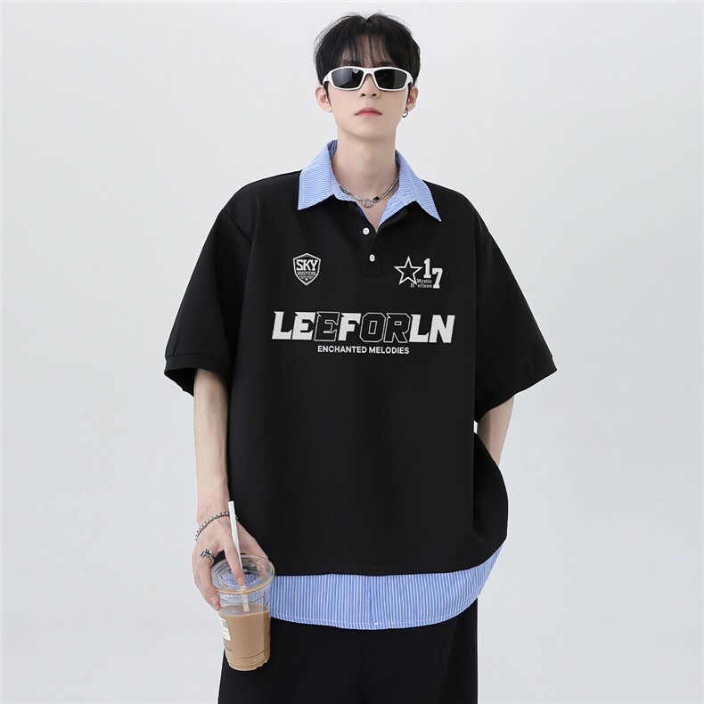 夏季新款假两件男款衬衫领美式复古polo衫时尚短袖T恤T146-p48,男装T恤,电商C307