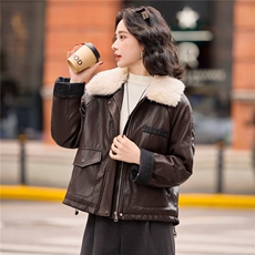 现货时尚洋气毛领短款皮衣女冬新款加绒加厚拼接气质皮衣外套，女装皮衣，江南女神