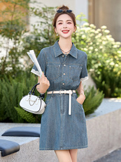 时尚蕾丝花边拼接牛仔连衣裙女2025夏季新款小个子超好看休闲裙子，女装连衣裙，美沁