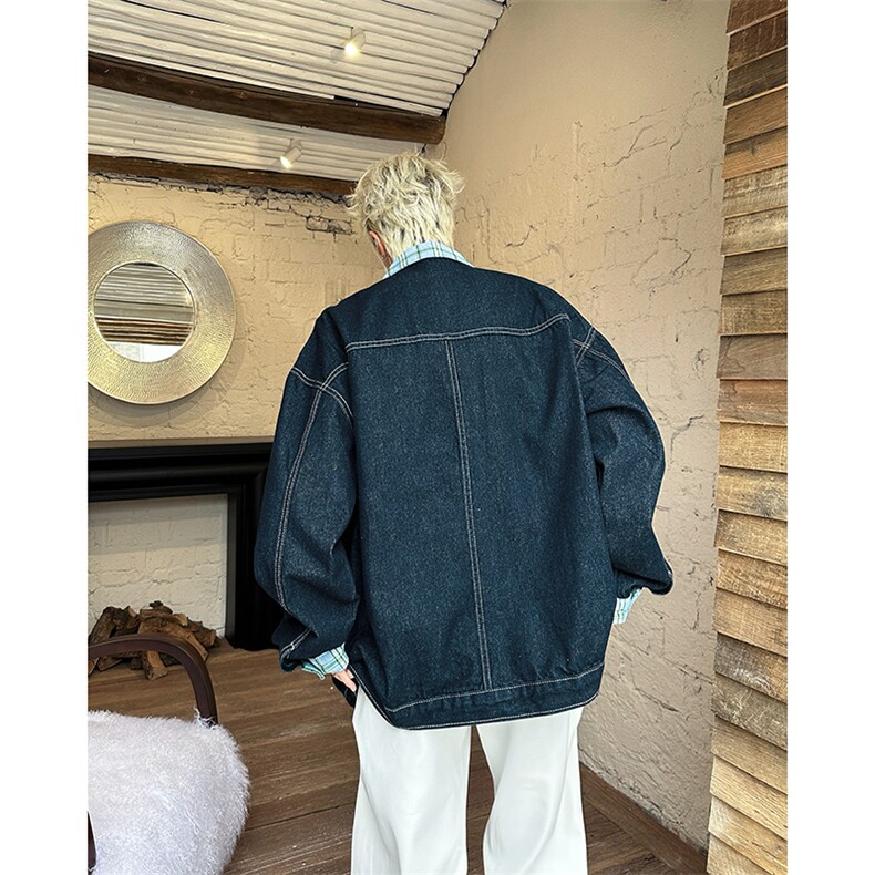 美式复古撞色拼接翻领格子布牛仔外套男女工装夹克JK08963-P72,男装夹克,星座308B-1