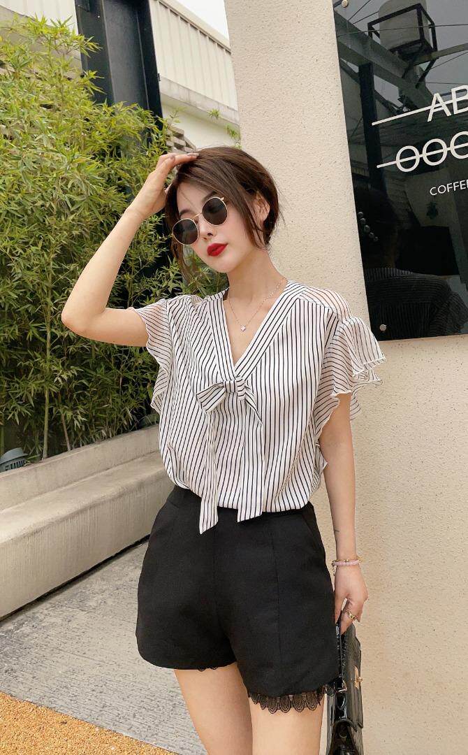 【夏季新款】木耳边条纹短袖上衣，其它，艾绮雪影