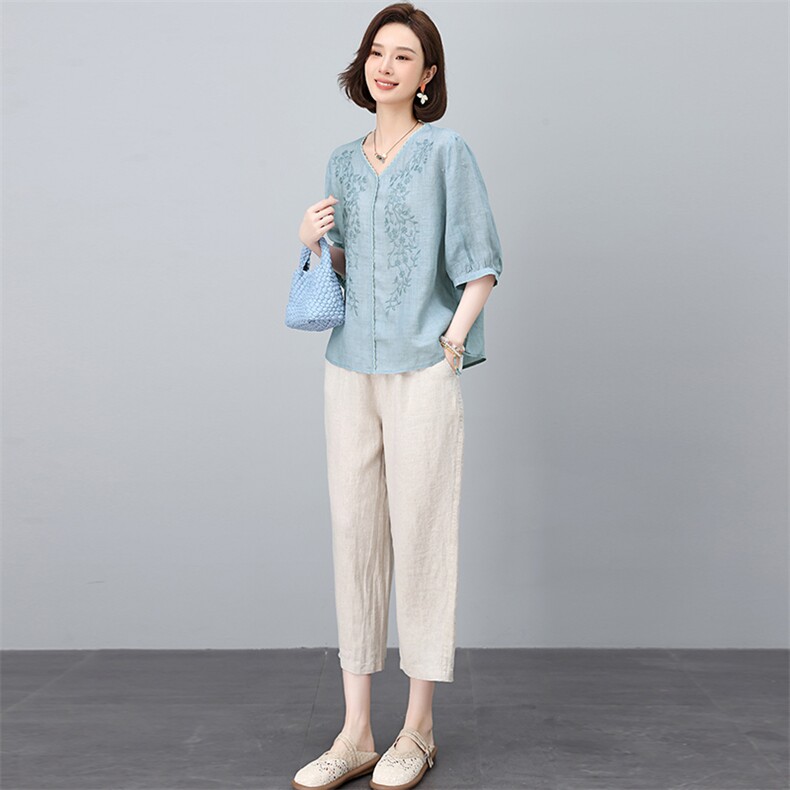 苎麻短袖衬衫套装女夏2025新款中年妈妈宽松棉质亚麻休闲裤两件套图片