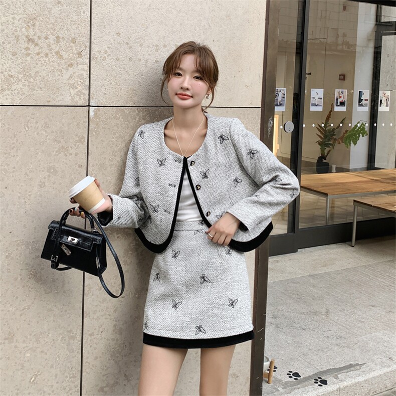 现货！刺绣小香风时尚套装女2024秋季新款女装两件套半身裙套裙子,女装套装/套裙,慧尚依恋