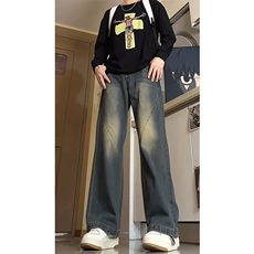 美式复古拼接微喇牛仔裤男款春秋高街水洗渐变裤子KZ005P60加绒70，男装牛仔裤，电商B312