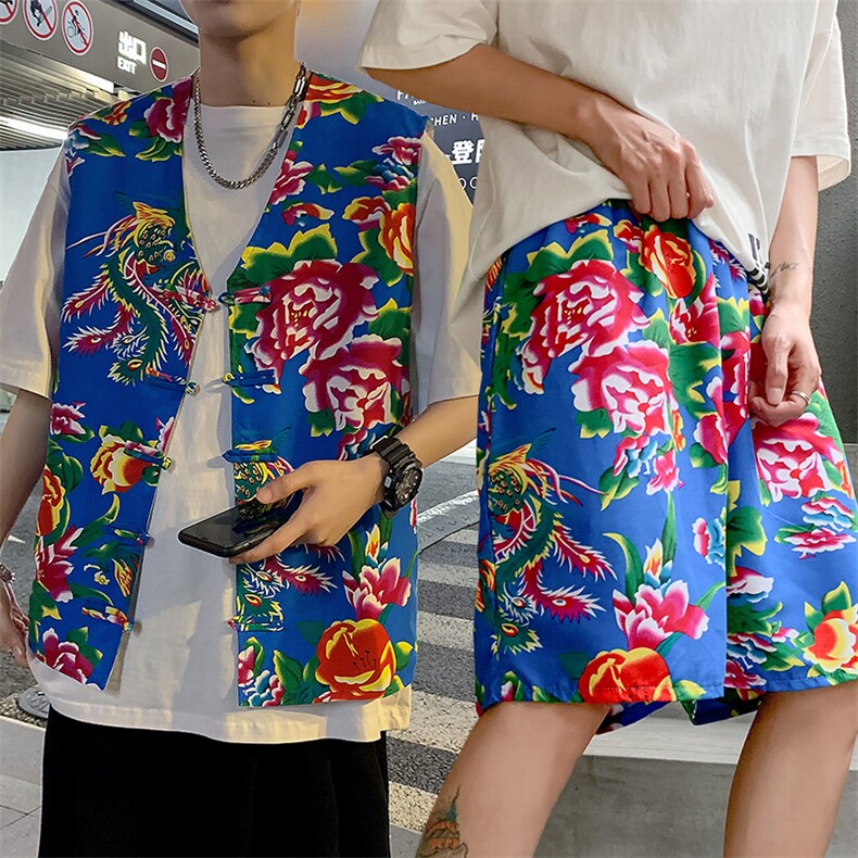 TZ02东北大花民族风风马甲短裤套装大码抖音网红同款汉服男女,男装休闲套装,星座115A(原星座507）