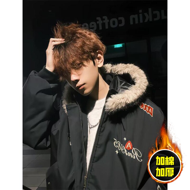 现货高品质美式高街重磅刺绣座山雕大毛毛领棉衣男女加厚棉服外套，男装棉衣，电商A486