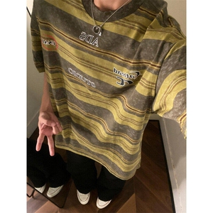 夏季新款美式复古条纹短袖T恤男女扎染设计潮牌上衣WLDT100-P33,米红色如何搭配衣服图片大全图片