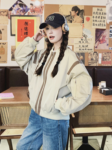 美式chic拼色短款棒球服外套女春秋超火好看高级小众宽松夹克上衣图片