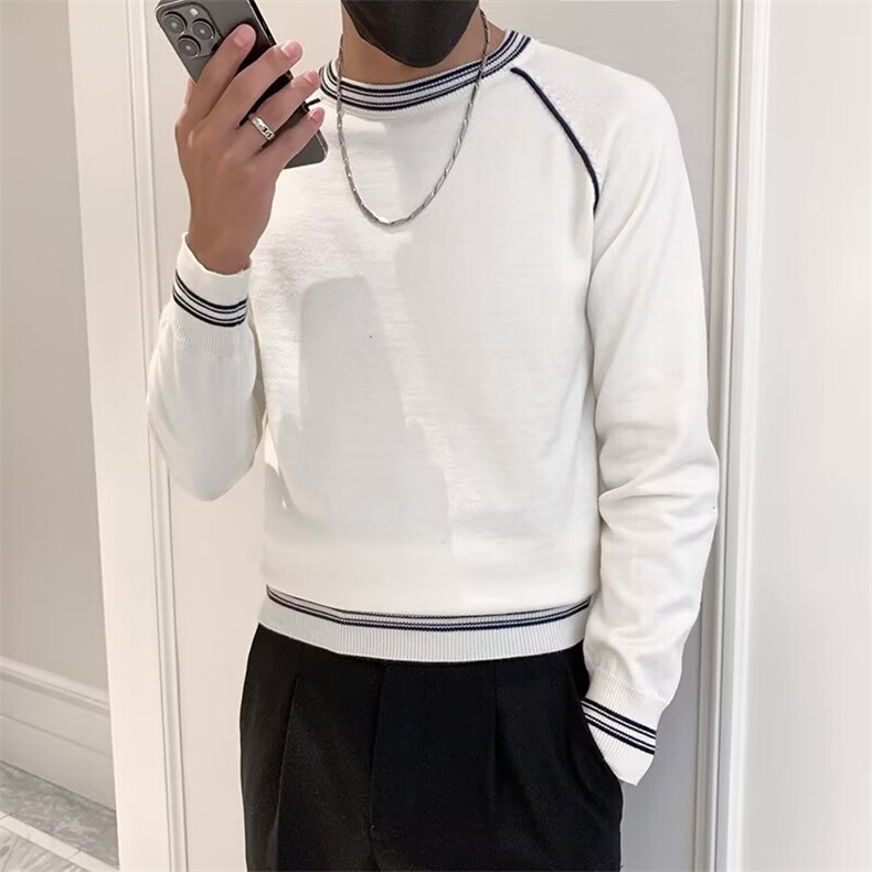 秋季男士圆领长袖T恤拼接条纹修身上衣内搭打底衫潮M877,男装T恤,星座1116A-2（原606A-1）