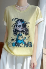 夏季新款竹节麻卷发眼镜女孩短袖女修身显瘦百搭时尚休闲上衣潮，女装T恤，暖娇绒包芯纱店