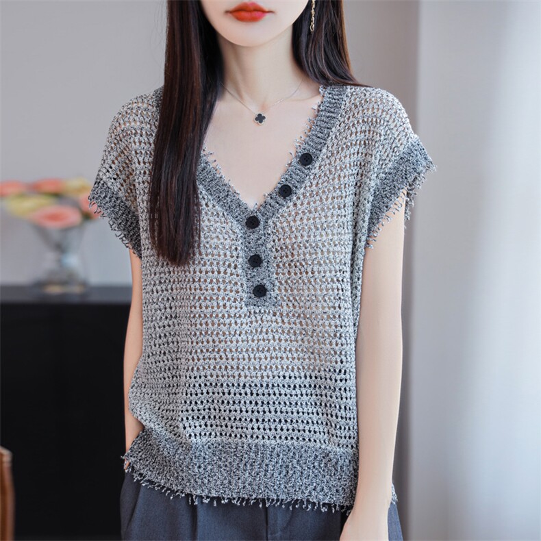 2025夏季新款V领亚麻纽扣无袖T恤针织背心女流苏老钱风设计感上衣，女装针织衫/毛衣，源达羊绒