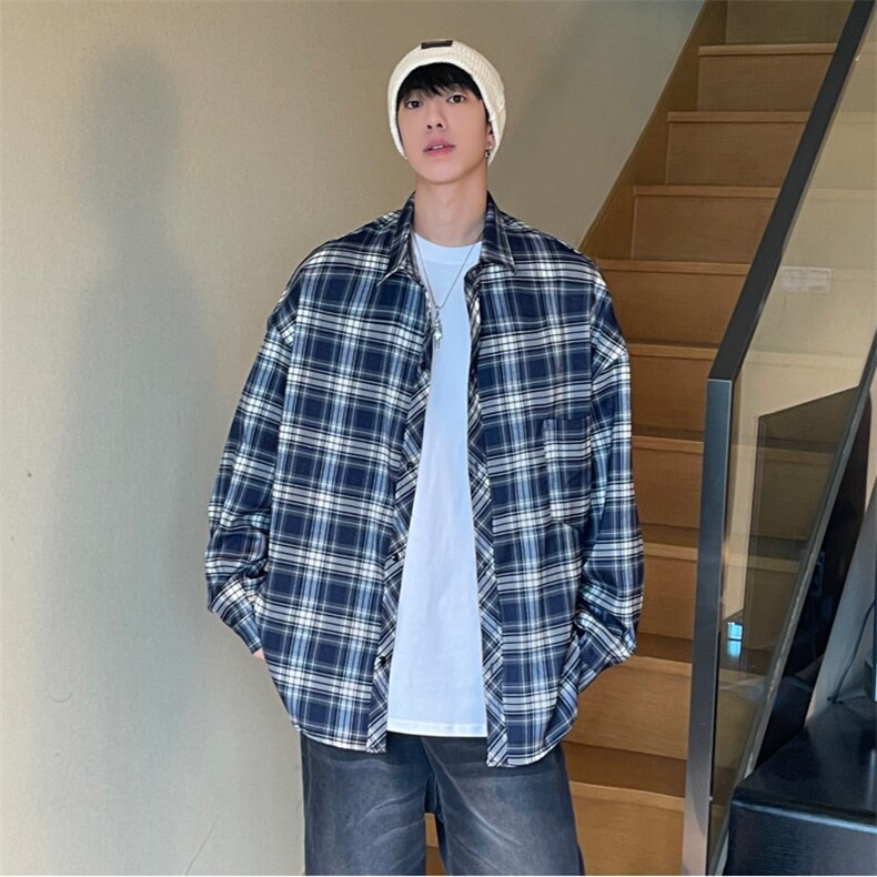 蓝色格子衬衫男夏季薄款长袖翻领衬衣青少年潮牌百搭休闲上衣外套,男装衬衫,电商A450