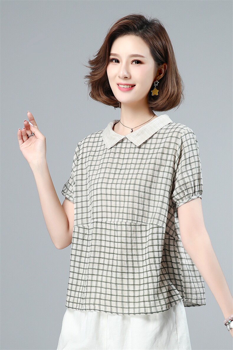 2021年夏季短袖纽扣通勤立领套头文艺小方格上衣,女装大码女装,叶笙衣