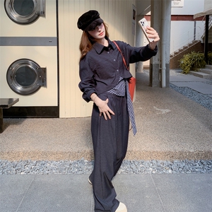 韩版学院风格纹吊带套装女2025年春秋季新款显瘦衬衫阔腿裤三件套图片