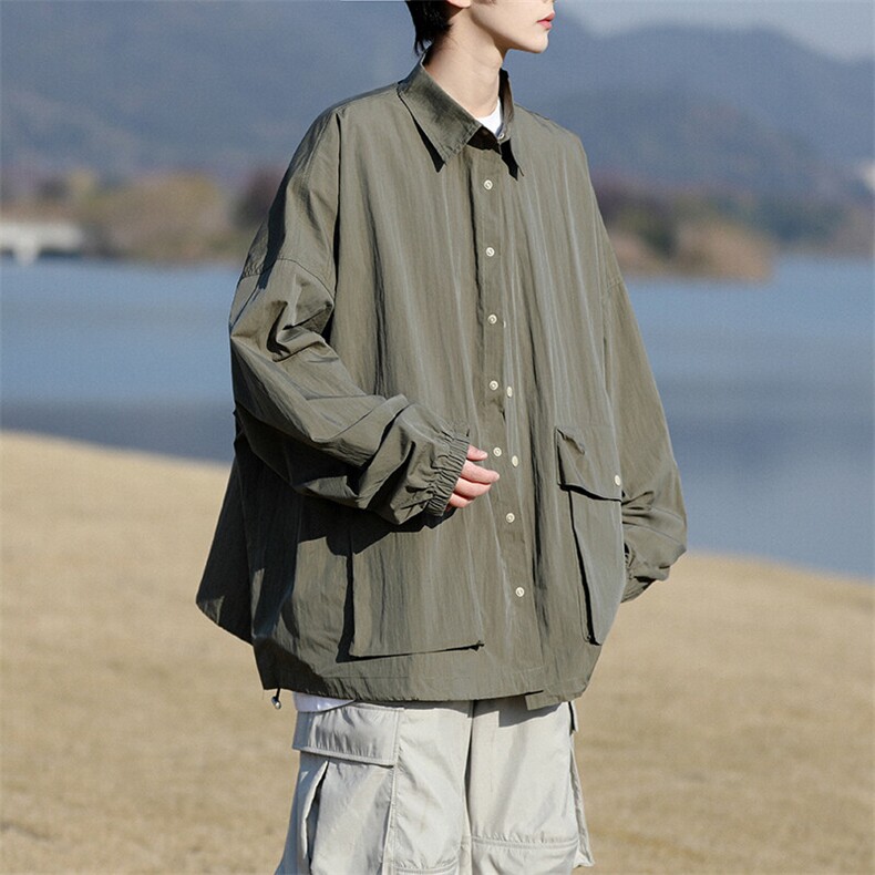8XL-M春夏廓形衬衫防晒外套特大码多口袋复古慵懒衬衣,男装夹克,电商B238