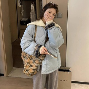 乌77韩系圆领棉衣外套女冬季复古格子拼接小个子棉服上衣,黄色马丁靴夏季搭配男图片