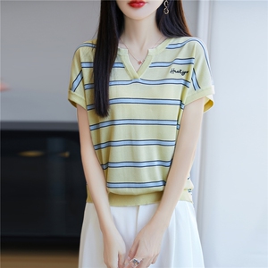 半开V领莱赛尔天丝针织短袖T恤女条纹拼色刺绣上衣宽松半袖打底衫图片