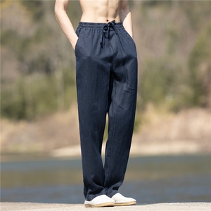 纯亚麻裤子男夏季松紧腰薄款修身小直筒休闲裤长裤子K49P105图片