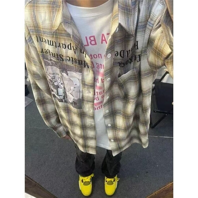 潮牌嘻哈hiphop格子衬衫男ins美式复古漫画长袖上衣宽松衬衣外套,男装衬衫,星座506A