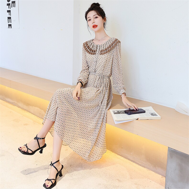 奥特莱斯BAO款雪纺连衣裙女春夏精致碎花长袖纱料裙子,女装连衣裙,星宇服饰