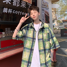2025美式扎染印花冰丝凉感格子短袖衬衫薄套装TZ5600/特P45绿，男装T恤，电商A094