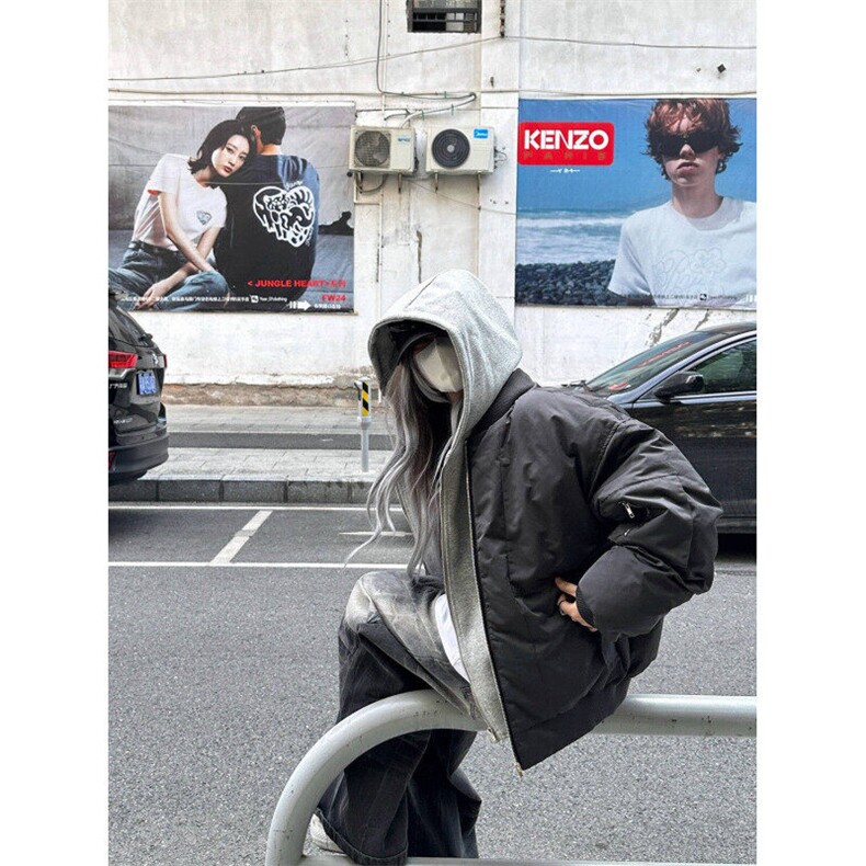 假两件连帽棉衣外套女冬季韩系复古时尚高级感棒球服宽松加厚棉服,男装夹克,星座506A