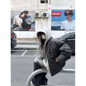 假两件连帽棉衣外套女冬季韩系复古时尚高级感棒球服宽松加厚棉服图片