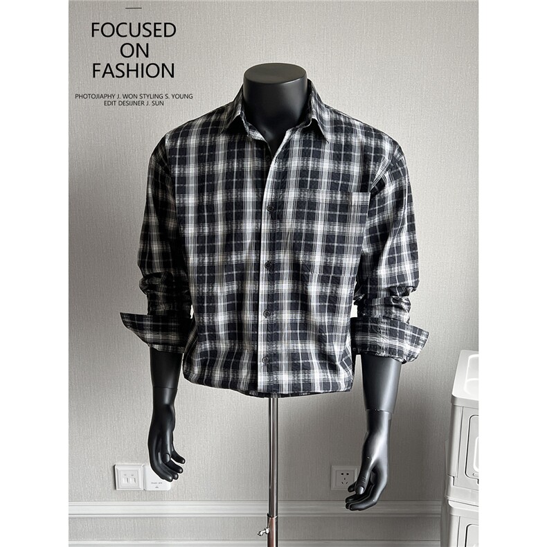 2026清爽微皱男士格子衬衫黑色S143/P68控95，男装衬衫，电商A242
