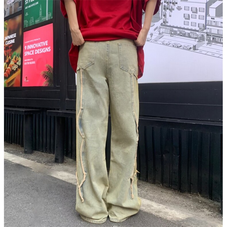美式高街复古水洗做旧裤子男女同款百搭宽松黄泥染直筒BK45-P68,男装牛仔裤,星座1109-3
