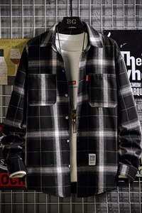 2021秋季新日系网格风大码男宽松休闲工装格子衬衫C3053-P40图片