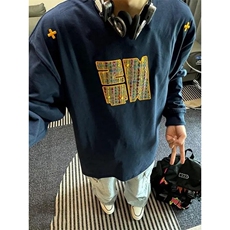 藏青色刺绣圆领卫衣男春秋季ootd穿搭高级感美式复古全棉长袖t恤，男装T恤，星座1005-6