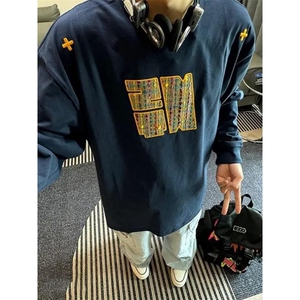 藏青色刺绣圆领卫衣男春秋季ootd穿搭高级感美式复古全棉长袖t恤图片