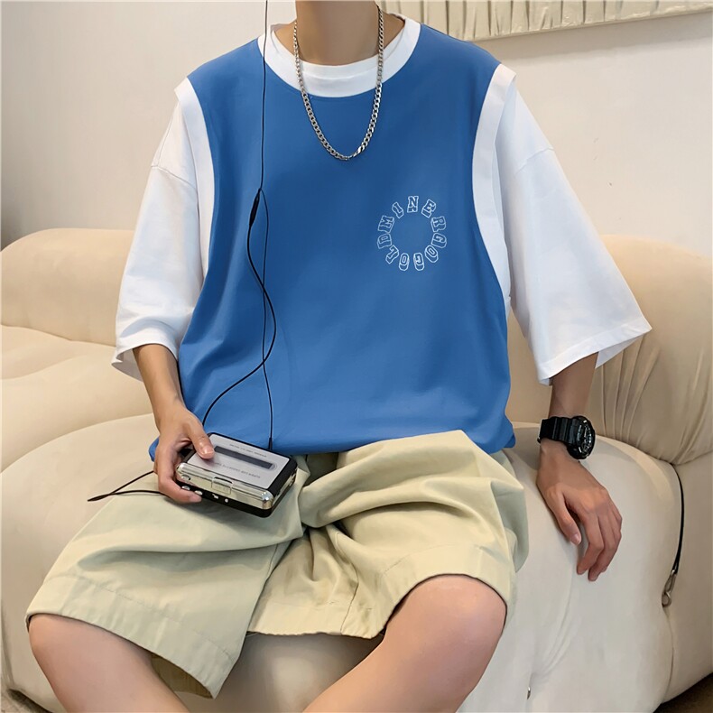 假两件短袖男百搭夏季t恤ins宽松半袖衣服潮牌五分袖T0586-P25,男装T恤,星座308B-1