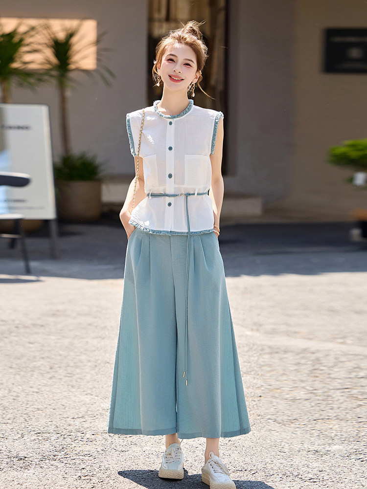 棉麻休闲阔腿裤套装女2025夏季新款撞色拼接无袖衬衫九分裤两件套,女装套装/套裙,魅影
