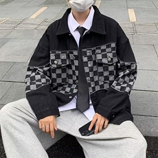 牛仔外套男秋季新款潮牌休闲棋盘格拼接夹克宽松百搭上衣X330/P45，男装工装外套，星座506