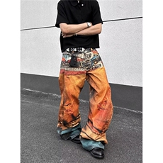 重工刺绣复古蓝牛仔阔腿裤高腰显瘦休闲裤轻奢绣花时尚直筒裤子，男装牛仔裤，星座506A