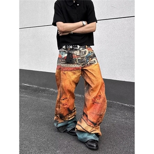 重工刺绣复古蓝牛仔阔腿裤高腰显瘦休闲裤轻奢绣花时尚直筒裤子图片