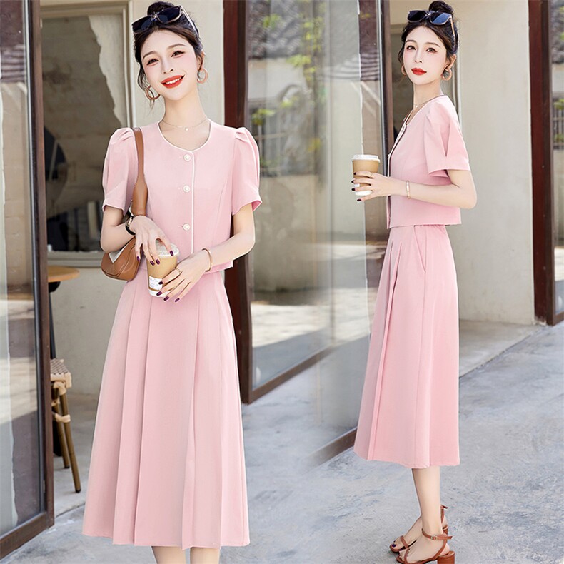 粉色小香风两件套连衣裙女2025夏季新款气质洋气减龄短袖套装裙子，女装套装/套裙，罗腾