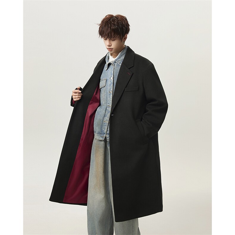 美式复古垫肩秋冬过膝长款毛呢大衣男宽松呢子风衣外套-2458-P105，男装风衣，电商B289-1