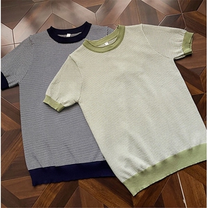 轻熟风冰爽丝男装轻奢夏季细条纹撞色休闲圆领短袖T恤图片